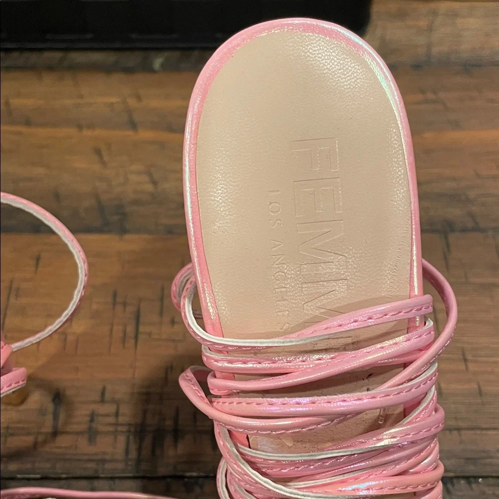 La Femme Shimmering Pink Lace-Up Heels - Picture 5 of 7
